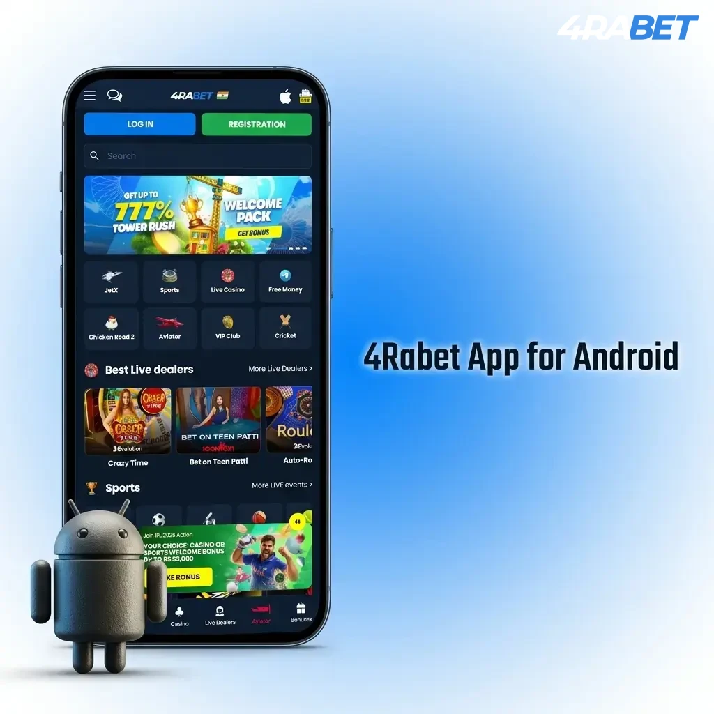 4Rabet Android app interface showing sports betting and live casino features on a mobile device