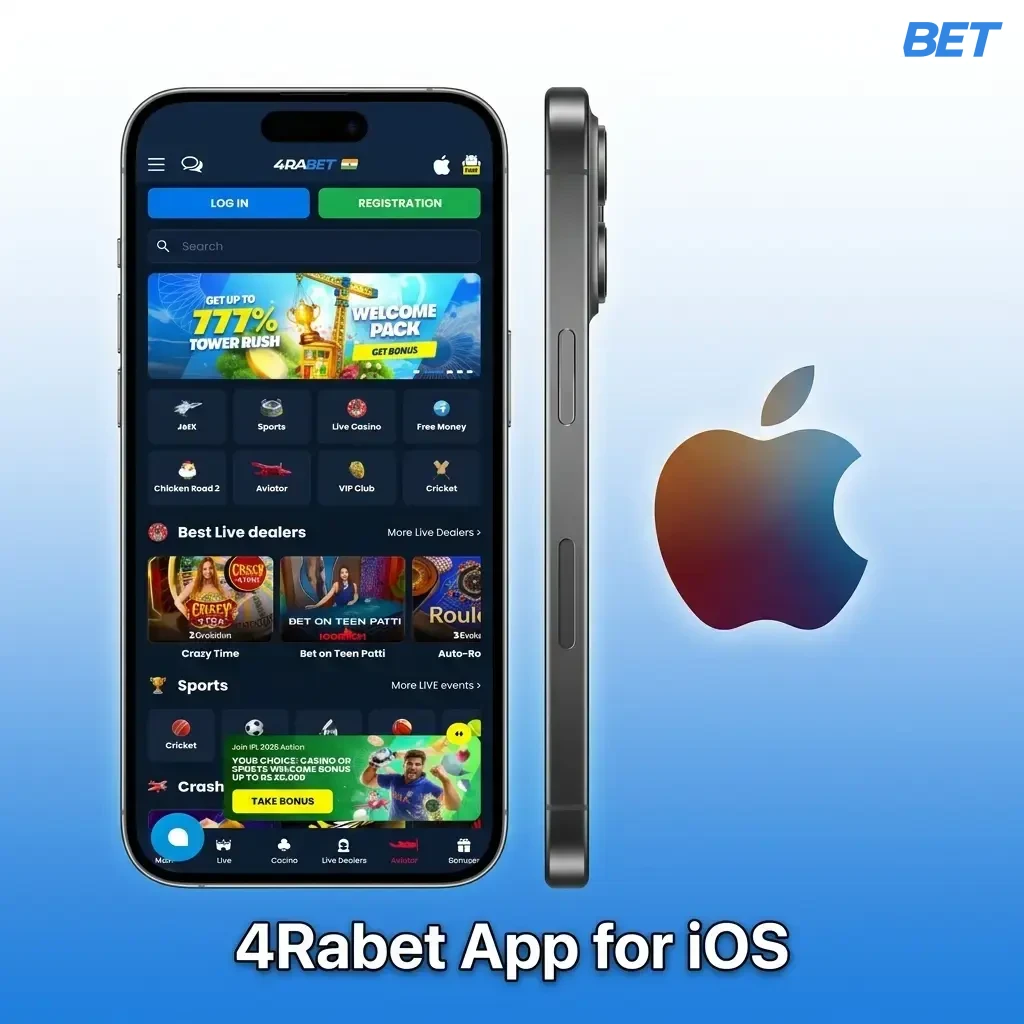 4Rabet iOS app interface on iPhone and iPad showing betting markets, casino games, and payment options