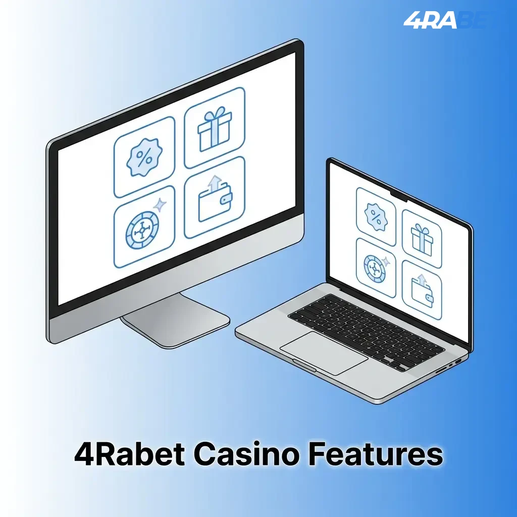 4Rabet Casino features including UPI payments, mobile app, SSL security, bonuses, and 24/7 support for Indian players