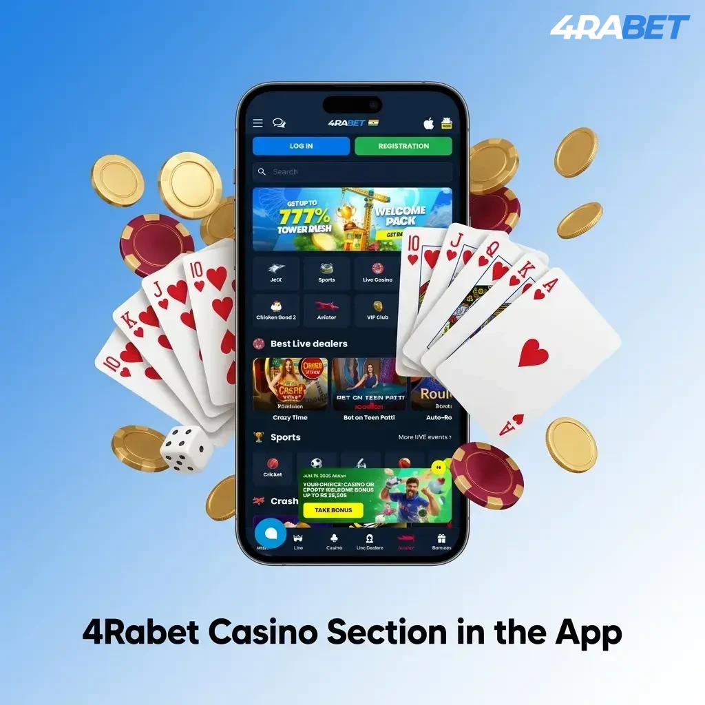 4Rabet casino app interface showing slots, live casino, table games, crash games and more on Android and iOS