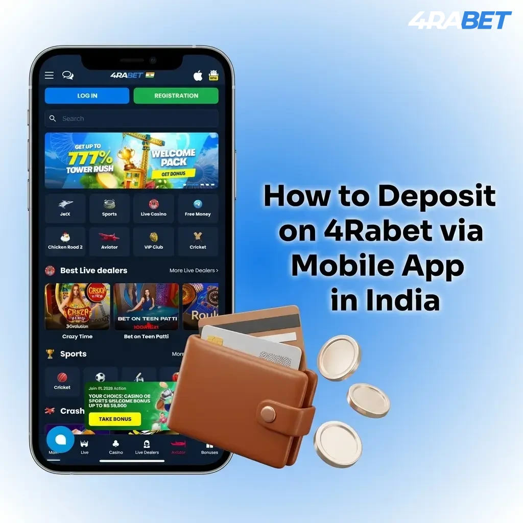 4Rabet mobile app deposit screen showing UPI and payment options for Indian users on Android or iOS