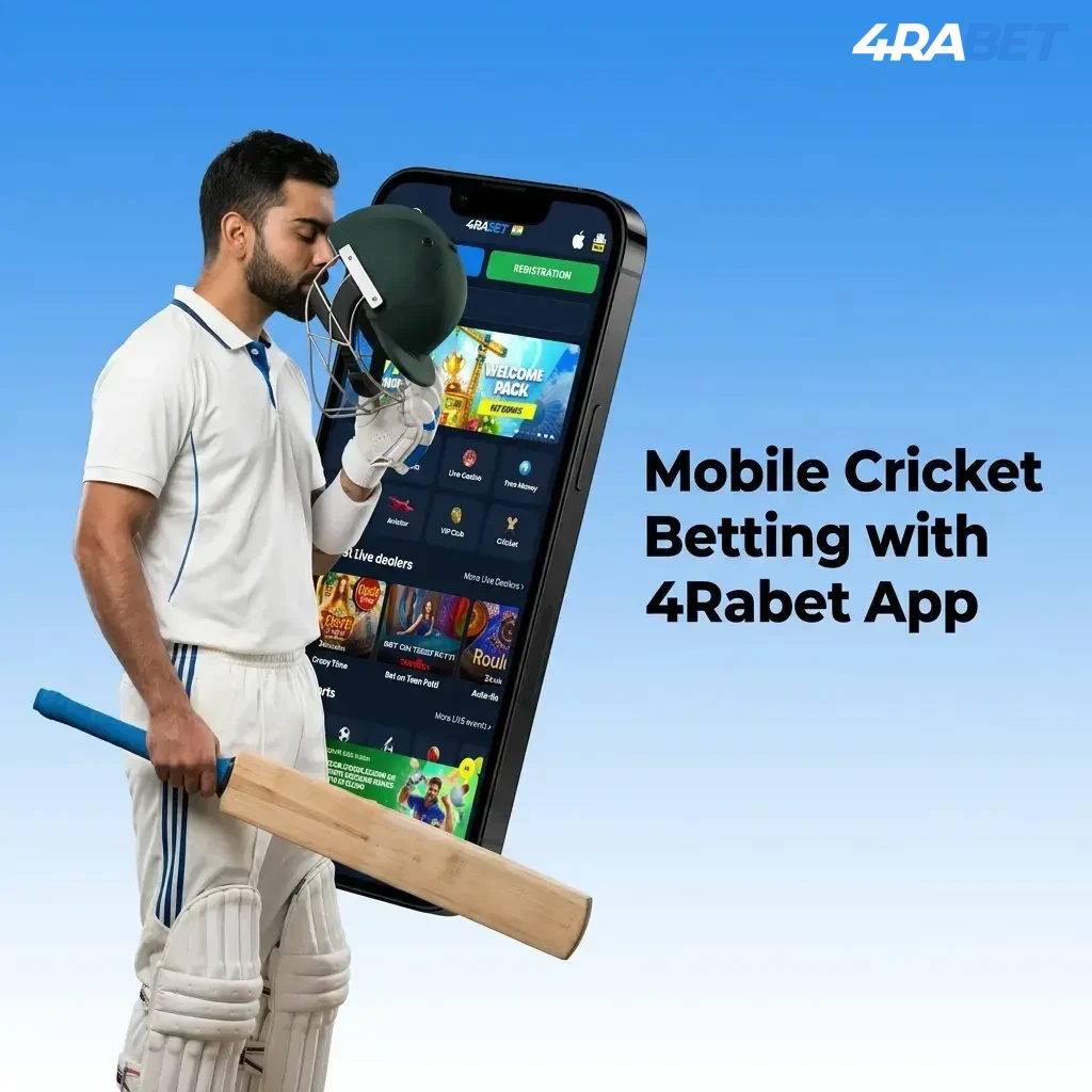 4Rabet mobile app interface showing cricket betting markets, live odds, and APK download steps for Android users