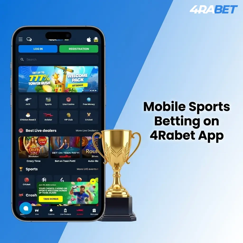 4Rabet mobile app sports betting interface showing cricket, football, kabaddi and esports markets for Indian players