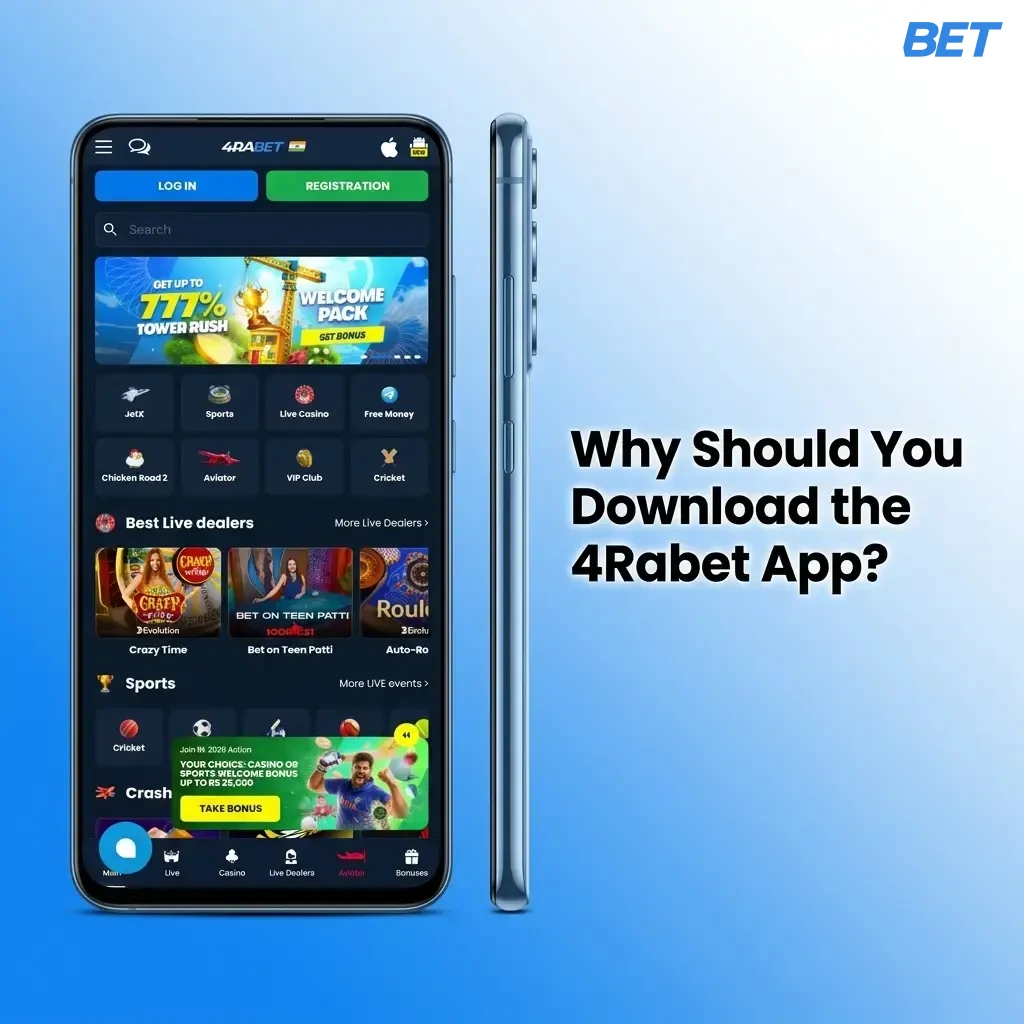4Rabet mobile app features including live betting, UPI payments, casino games, and fast deposits for Android and iOS users