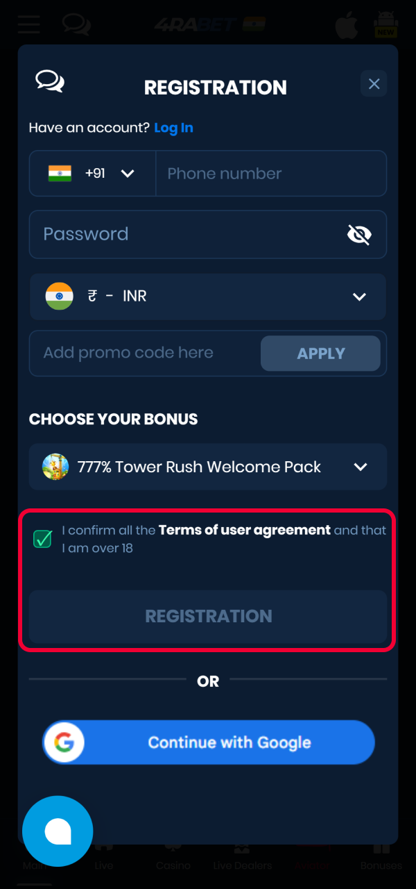 Press the final confirmation tab to successfully conclude your 4Rabet Registration.